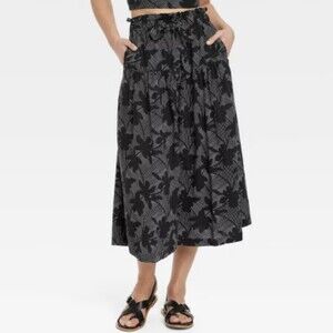 Universal Thread Linen Blend Button Front Black & White Patterned Skirt‎ Size XS